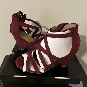 burgundy strapped tie cone heel